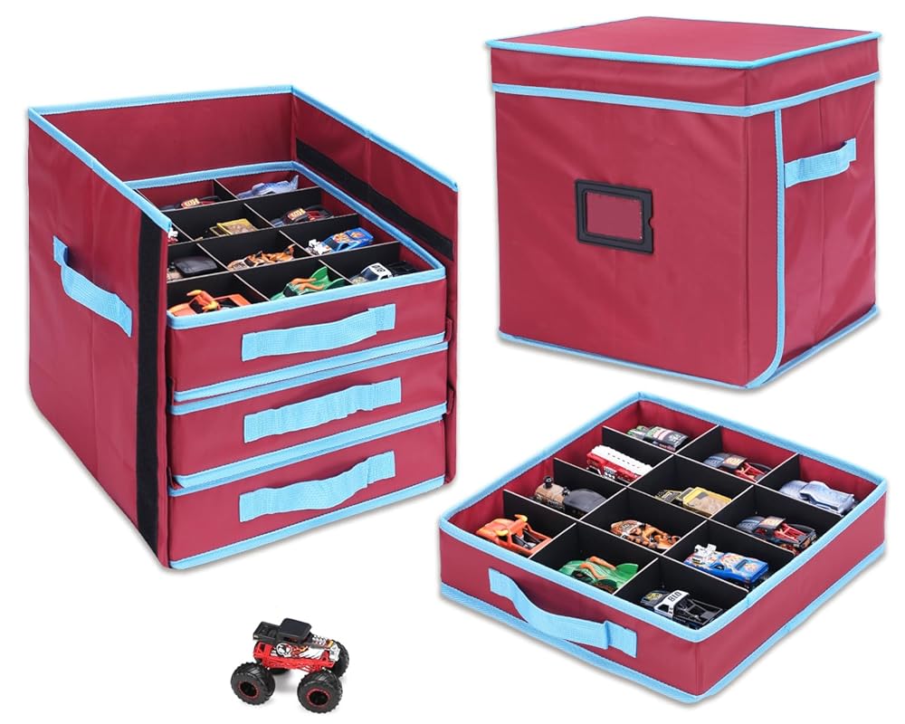 KISLANE Monster Truck Storage Organizer, 4-Layer Trucks Storage Box with 48 Compartments,Fits 1:64 Monster Trucks, Toy Trucks & More – Foldable Toy Organizer with Drawers (Red)