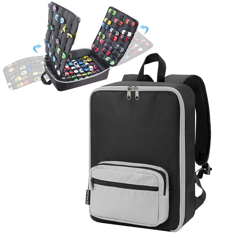 KISLANE Toy Car Storage Backpack, Diecast Organizer 108 Slots (Gray)