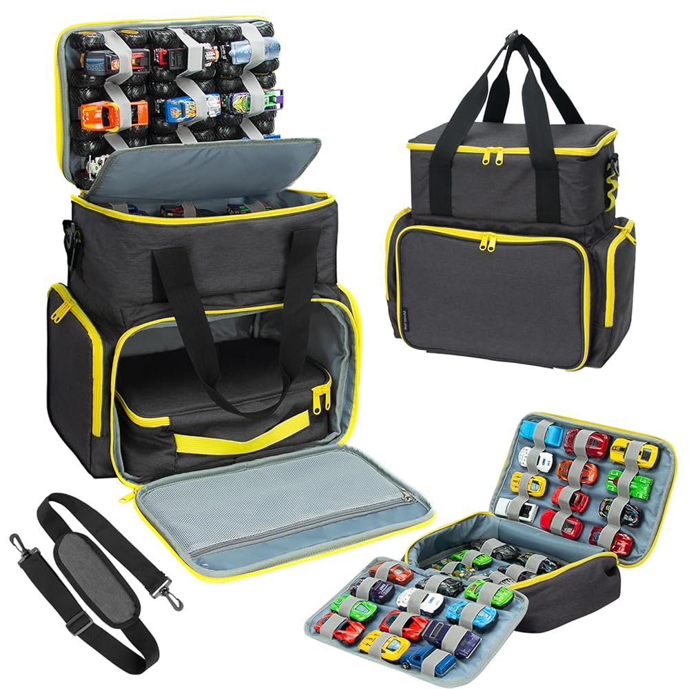 KISLANE Tote Toy Cars Storage Bag with Inner Pouches – Holds 96 Cars and 24 Monster Trucks, Toy Cars Organizer Storage for Matchbox, Monster Trucks (Yellow)
