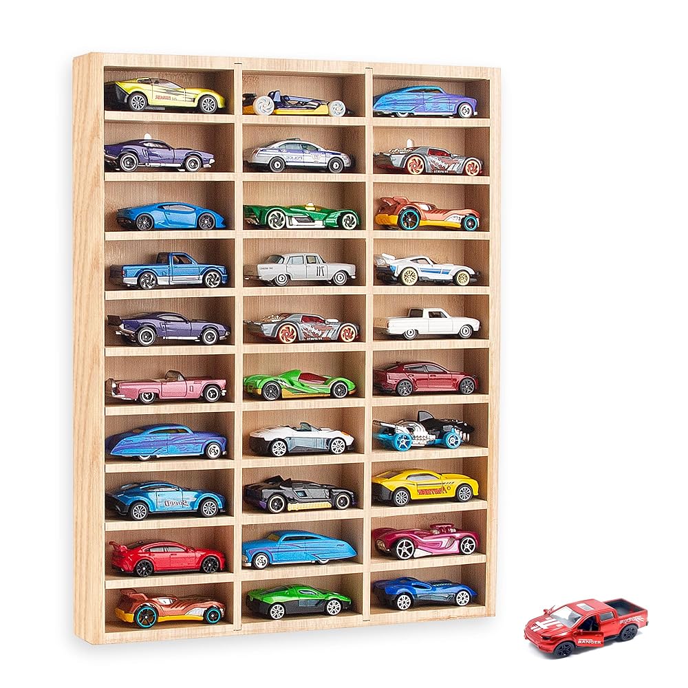 KISLANE Toy Car Display Case, Wall Mount Storage Holds 30 (Wood)