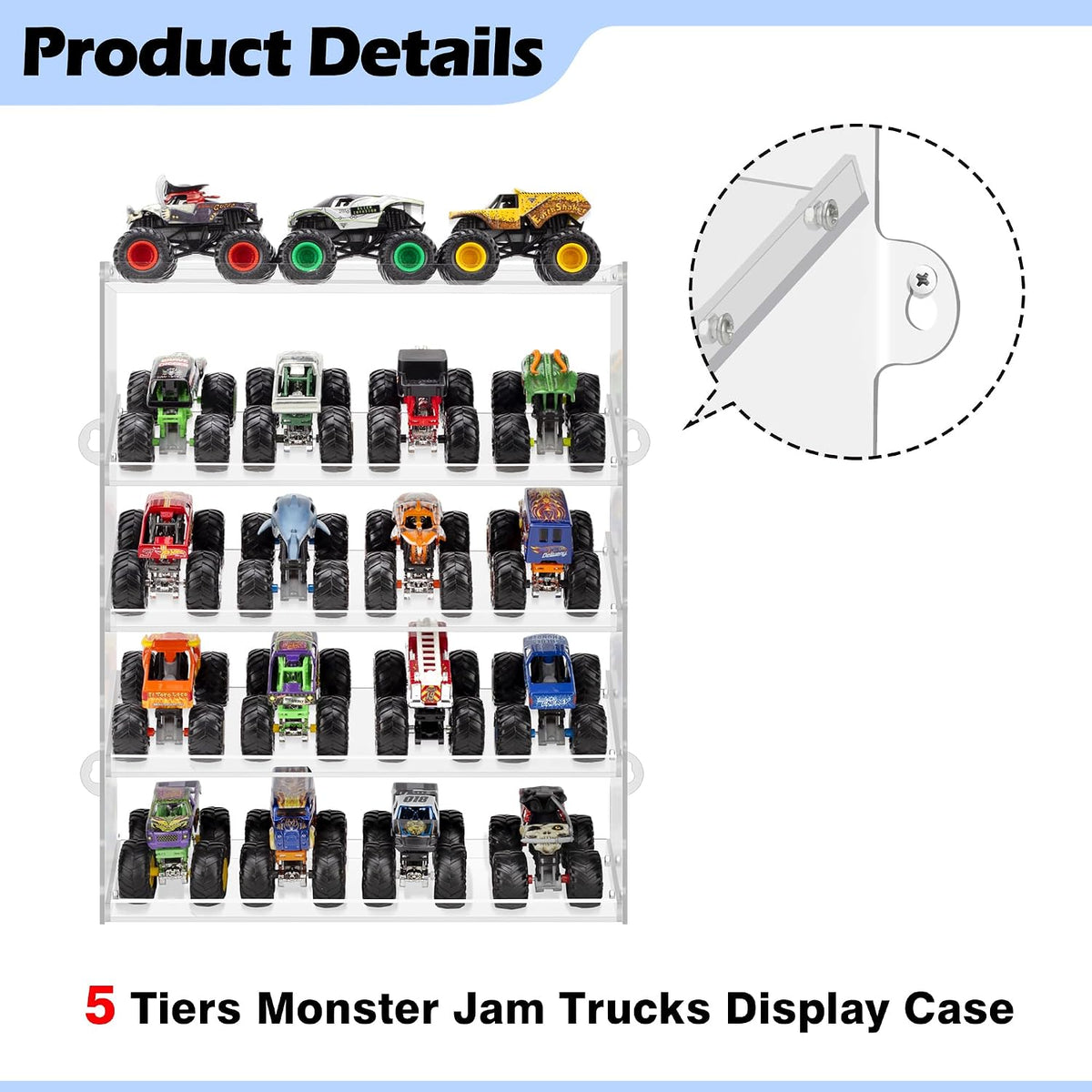Assembly Monster Trucks Display Case Holding for 20 Monster Trucks Acrylic Storage Case 5 Tiers Monster Trucks Organizer