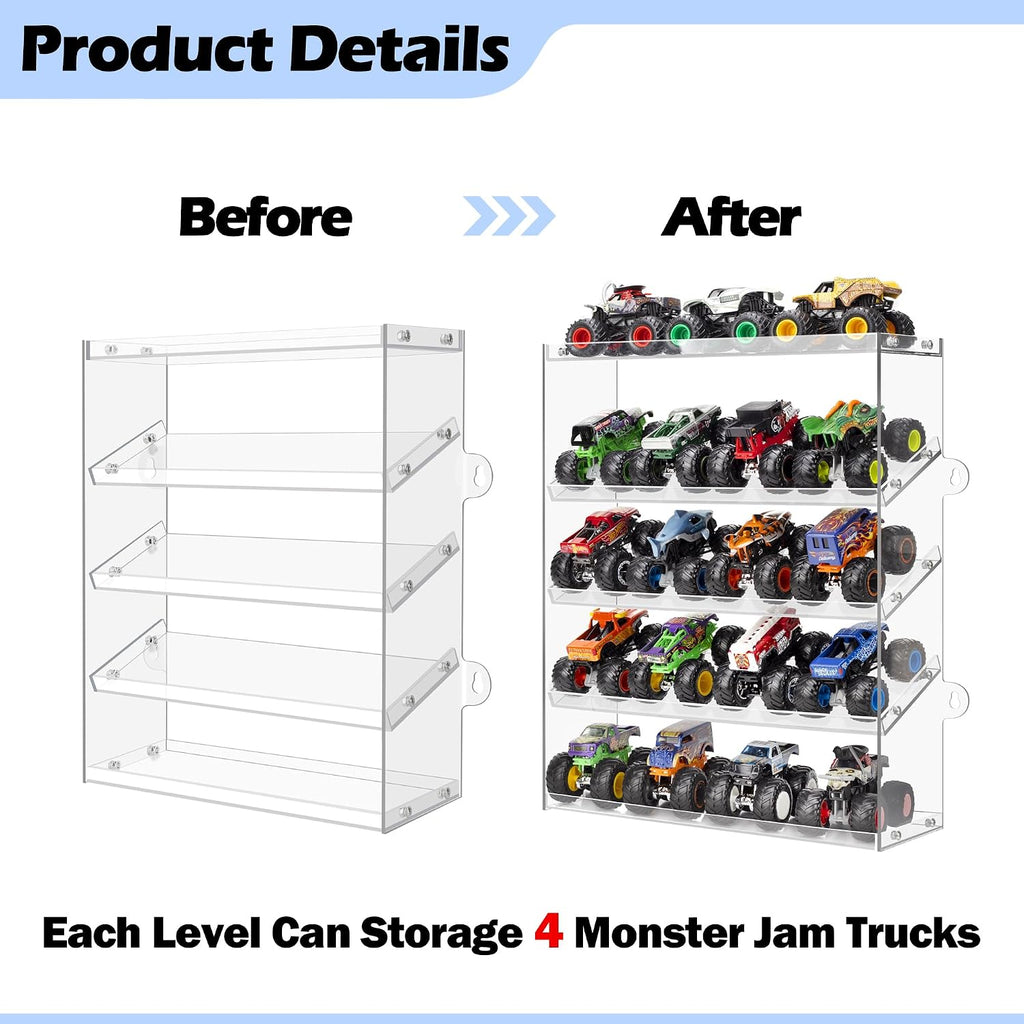 Assembly Monster Trucks Display Case Holding for 20 Monster Trucks Acrylic Storage Case 5 Tiers Monster Trucks Organizer