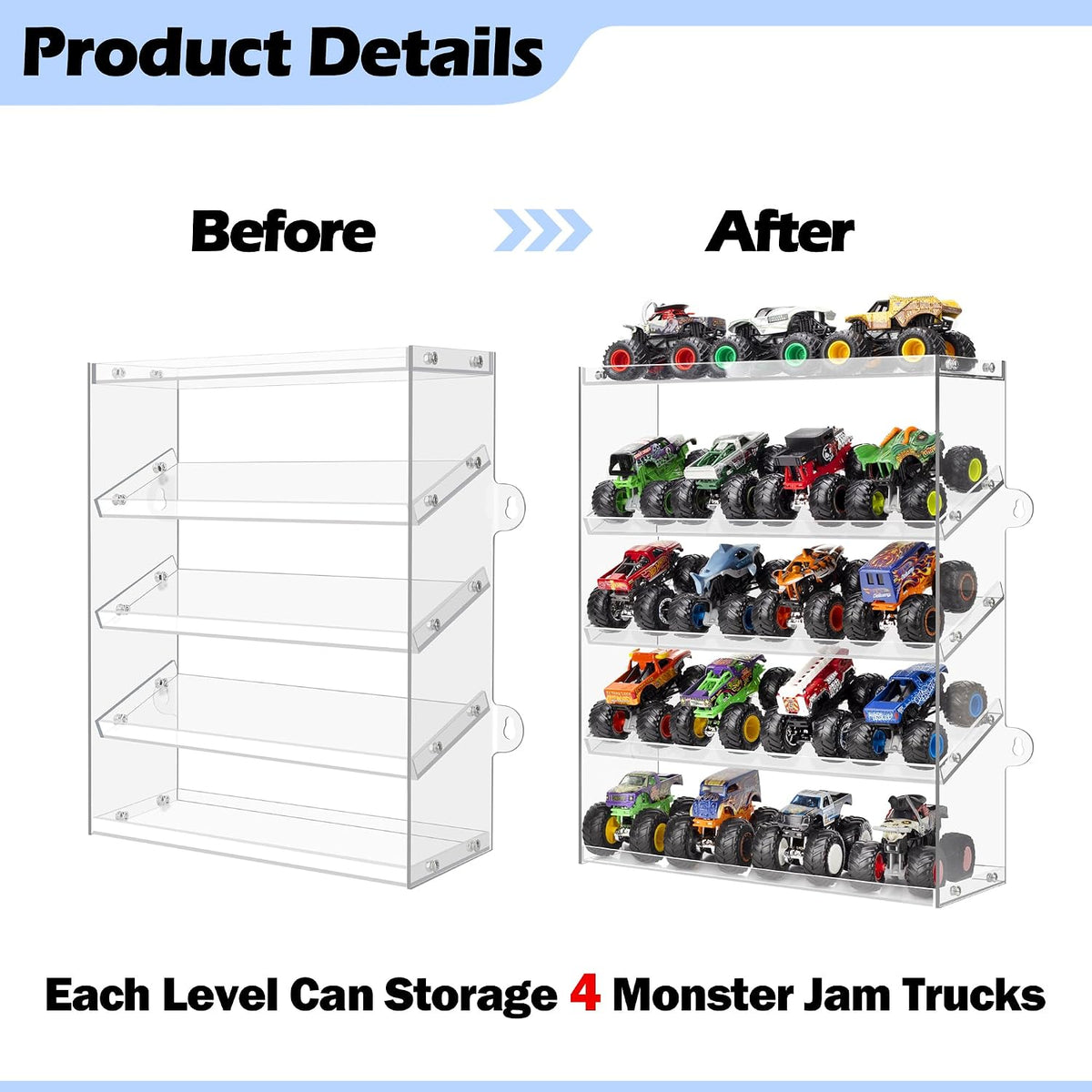 Assembly Monster Trucks Display Case Holding for 20 Monster Trucks Acrylic Storage Case 5 Tiers Monster Trucks Organizer