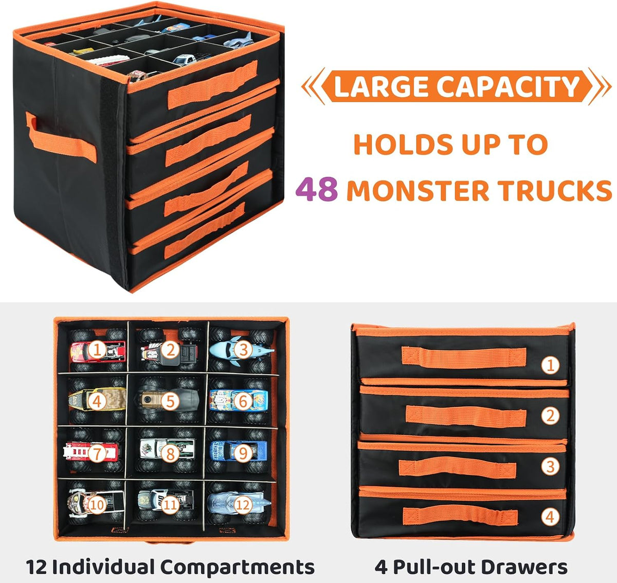 KISLANE Monster Truck Storage Organizer, 4-Layer Trucks Storage Box with 48 Compartments,Fits 1:64 Monster Trucks, Toy T