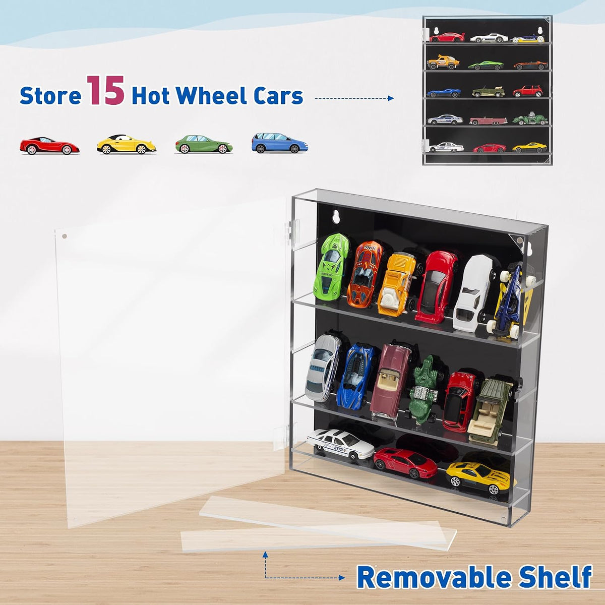 KISLANE 5-Tier Toy Car Display Case, Wall Mount Storage Holds 15 (Tiers)