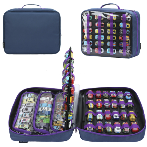 Toy Car Storage Case, 96-Slot Diecast Organizer with PVC Pockets & Handle.