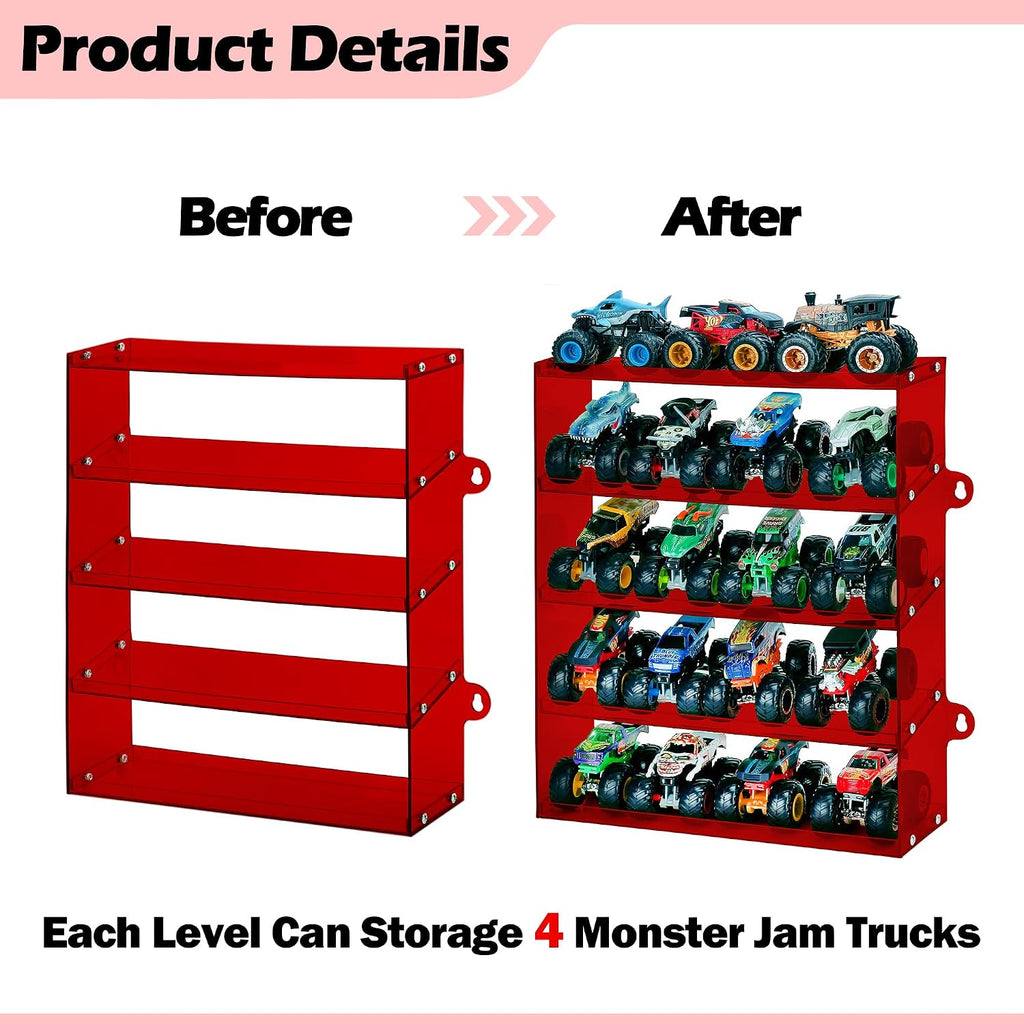 KISLANE 5-Tier Toy Car Display Case, Wall Mount Storage Holds 20 (Red)