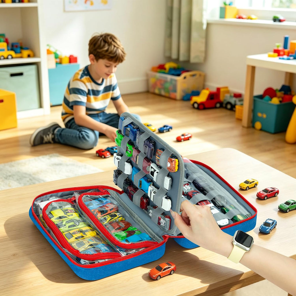 KISLANE Toy Car Storage Case, 50 Car Organizer with 36 Slots & PVC Pockets