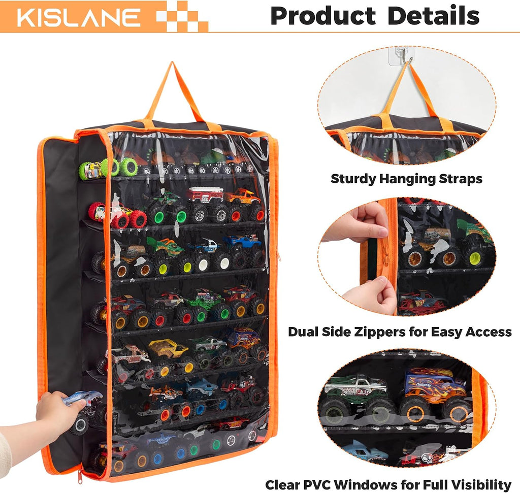 KISLANE Monster Truck Storage Organizer, Hanging Monster Truck Display Case with 7 Removable Tiers, Dual Zipper Clear Wi