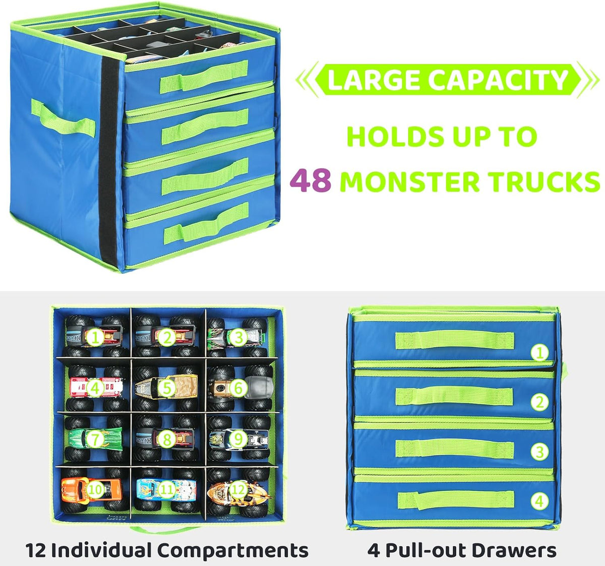 KISLANE Monster Truck Storage Organizer, 4-Layer Trucks Storage Box with 48 Compartments,Fits 1:64 Monster Trucks, Toy T
