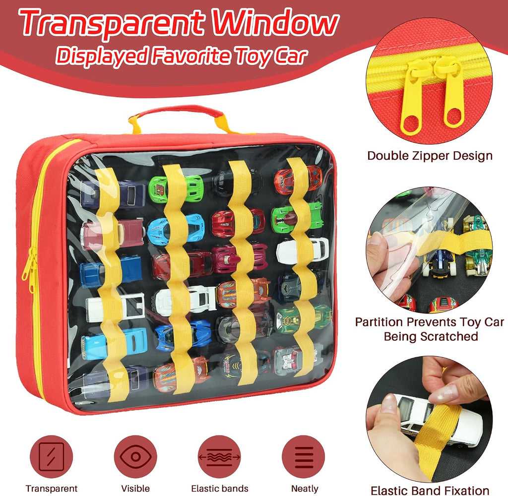 Toy Car Storage Case, 96-Slot Diecast Organizer with PVC Pockets & Handle.
