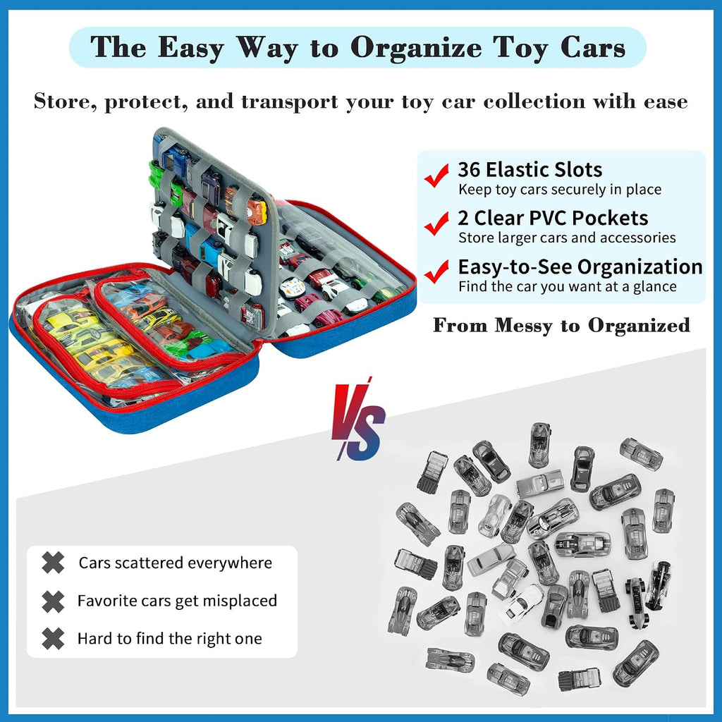 KISLANE Toy Car Storage Case, 50 Car Organizer with 36 Slots & PVC Pockets