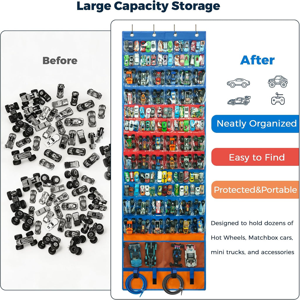 KISLANE Toy Car Storage Organizer, Hanging Wall & Door Organizer with 66 Clear Pockets, Display Holder for 1:64 Toy Cars