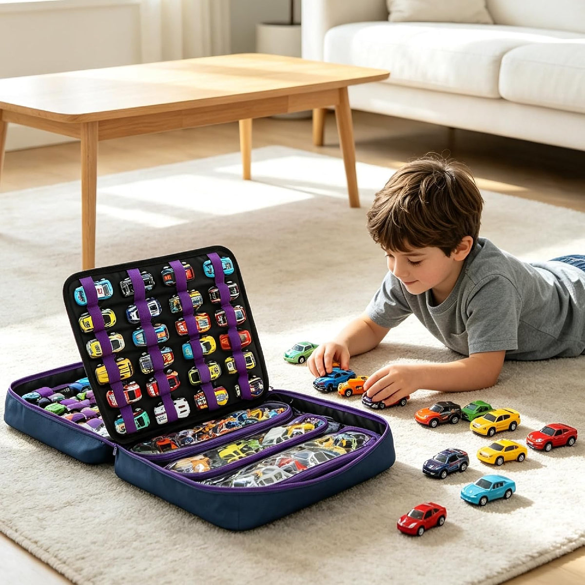 Toy Car Storage Case, 96-Slot Diecast Organizer with PVC Pockets & Handle.