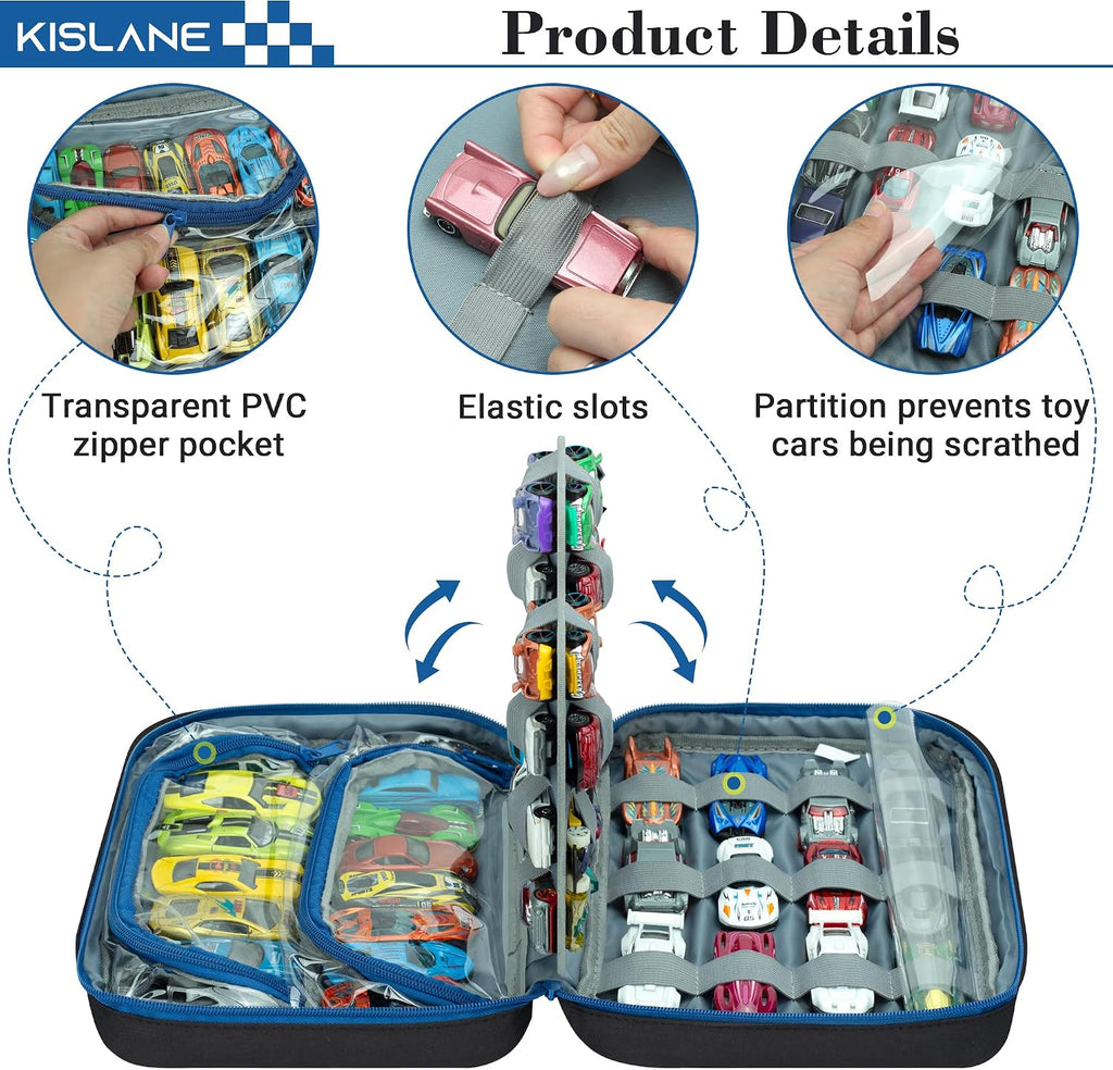 KISLANE Toy Car Storage Case, 50 Car Organizer with 36 Slots & PVC Pockets