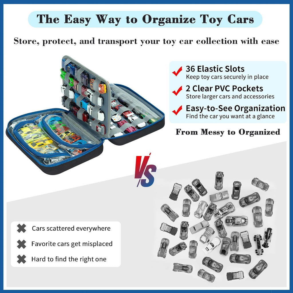 KISLANE Toy Car Storage Case, 50 Car Organizer with 36 Slots & PVC Pockets
