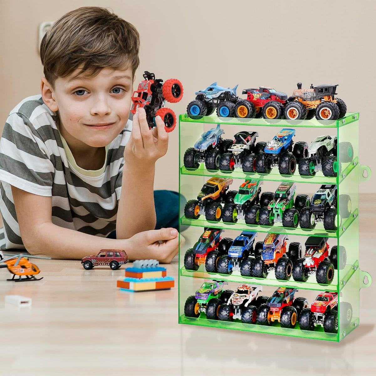 KISLANE 5-Tier Monster Trucks Display Case, Wall Mount Storage Holds 20