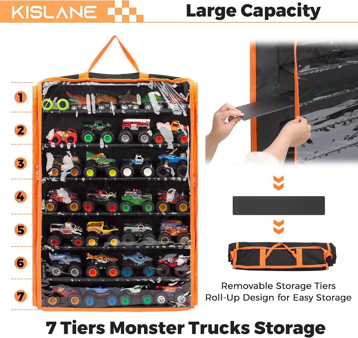 KISLANE Monster Truck Storage Organizer, Hanging Monster Truck Display Case with 7 Removable Tiers, Dual Zipper Clear Wi