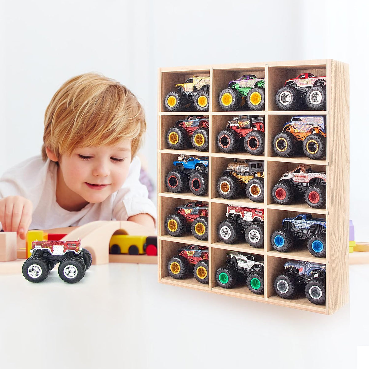 KISLANE Monster Trucks Storage Shelf, Wall Mount Storage Holds 15 (Wood)