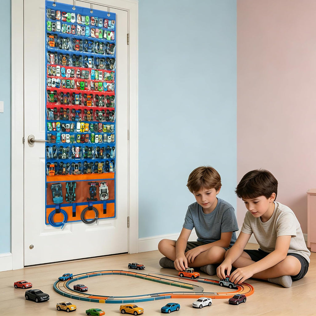 KISLANE Toy Car Storage Organizer, Hanging Wall & Door Organizer with 66 Clear Pockets, Display Holder for 1:64 Toy Cars