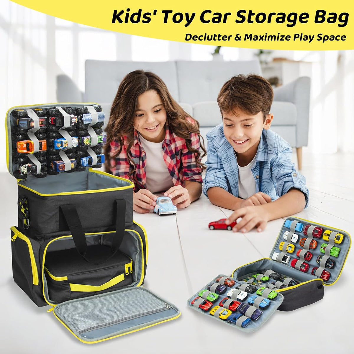 KISLANE Tote Toy Cars Storage Bag with Inner Pouches – Holds 96 Cars and 24 Monster Trucks, Toy Cars Organizer Storage f