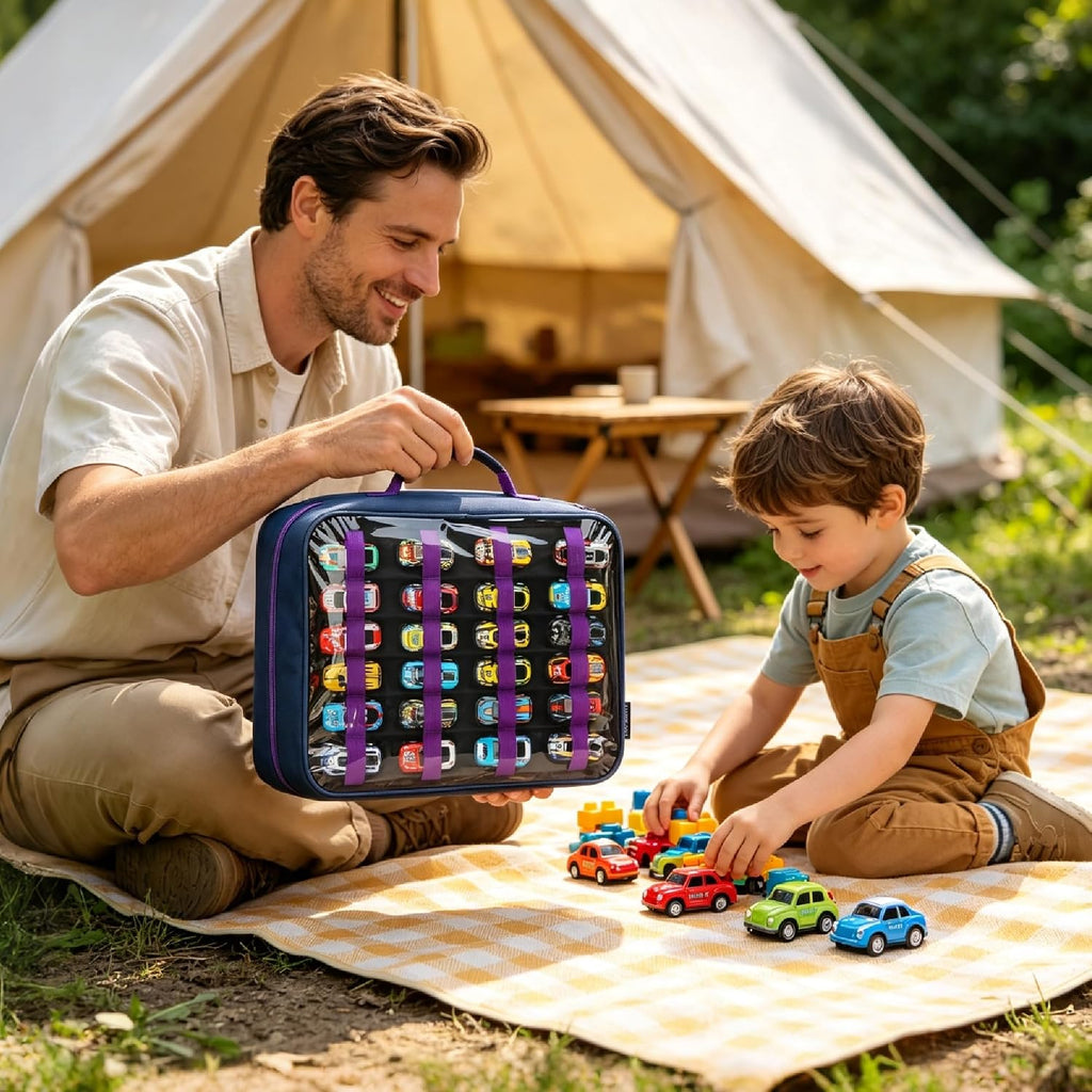 Toy Car Storage Case, 96-Slot Diecast Organizer with PVC Pockets & Handle.
