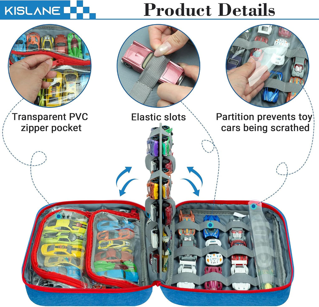 KISLANE Toy Car Storage Case, 50 Car Organizer with 36 Slots & PVC Pockets
