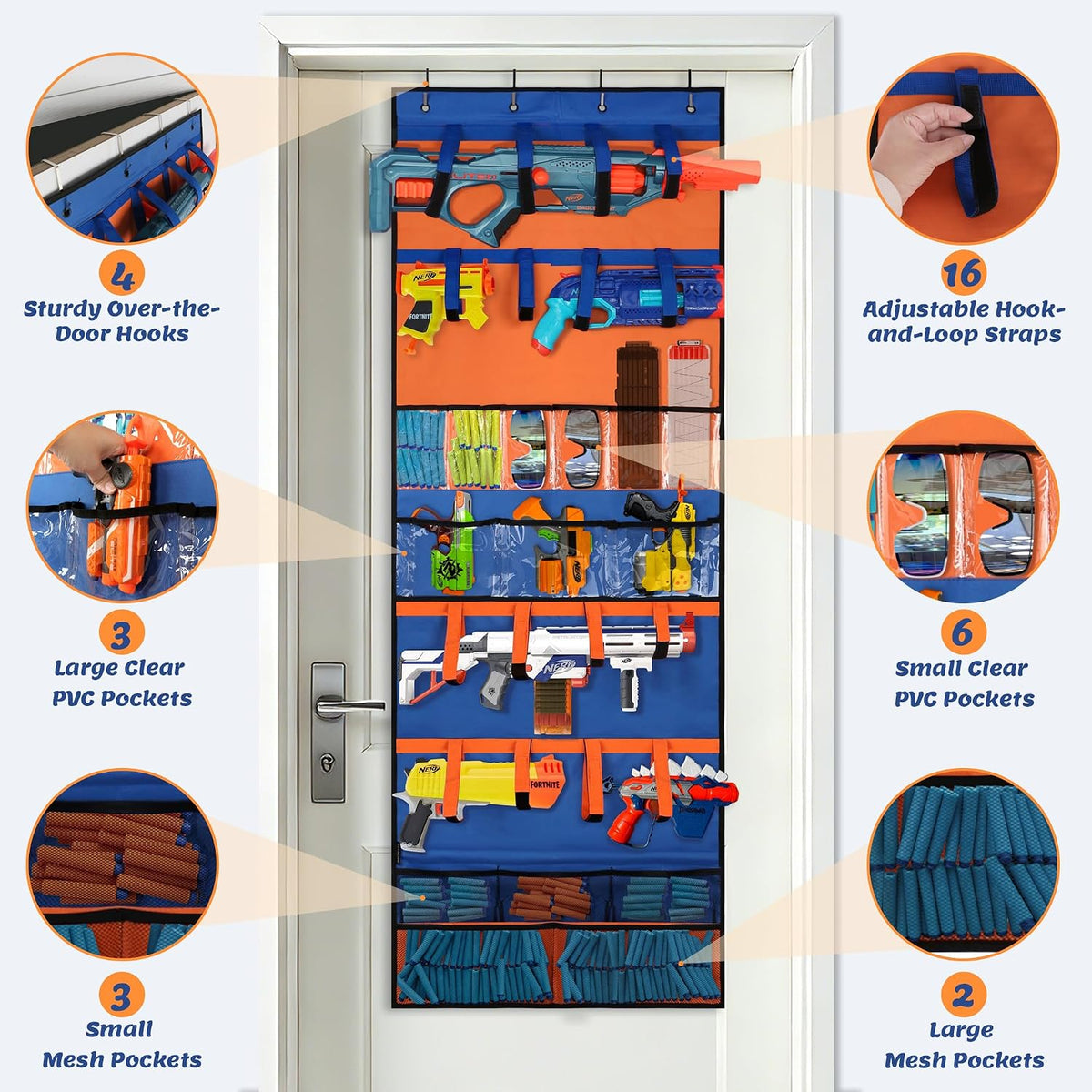 KISLANE Toy Gun Storage Organizer, Over Door Hanging Rack with Clear Pocket