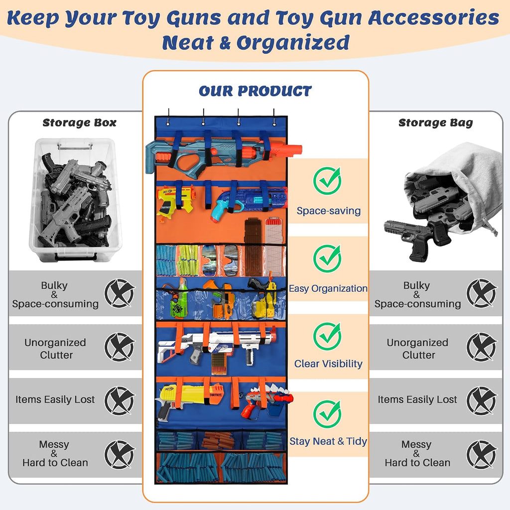 KISLANE Toy Gun Storage Organizer, Over Door Hanging Rack with Clear Pocket