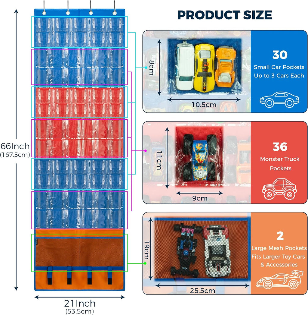 KISLANE Toy Car Storage Organizer, Hanging Wall & Door Organizer with 66 Clear Pockets, Display Holder for 1:64 Toy Cars
