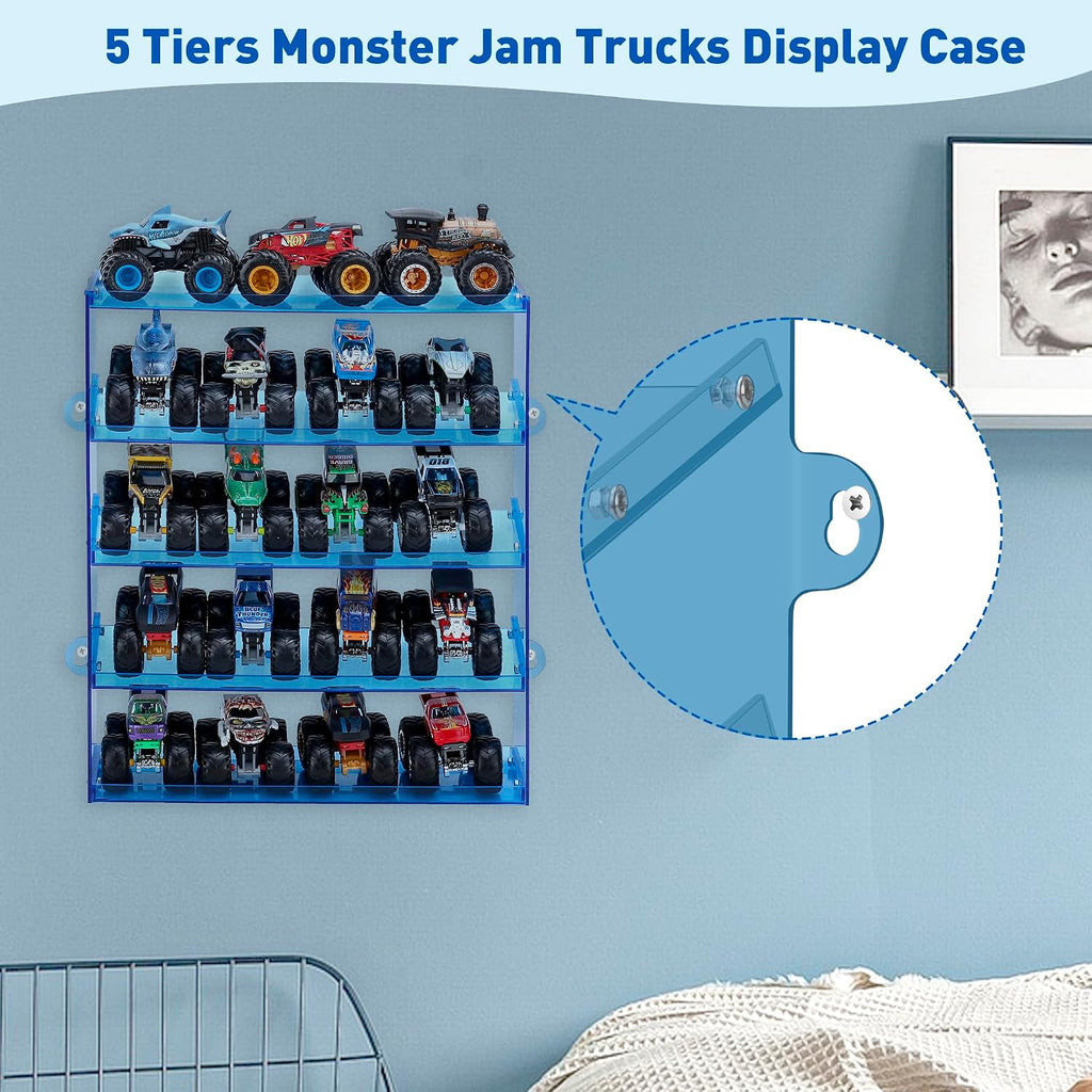 KISLANE 5-Tier Monster Trucks Display Case, Wall Mount Storage Holds 20