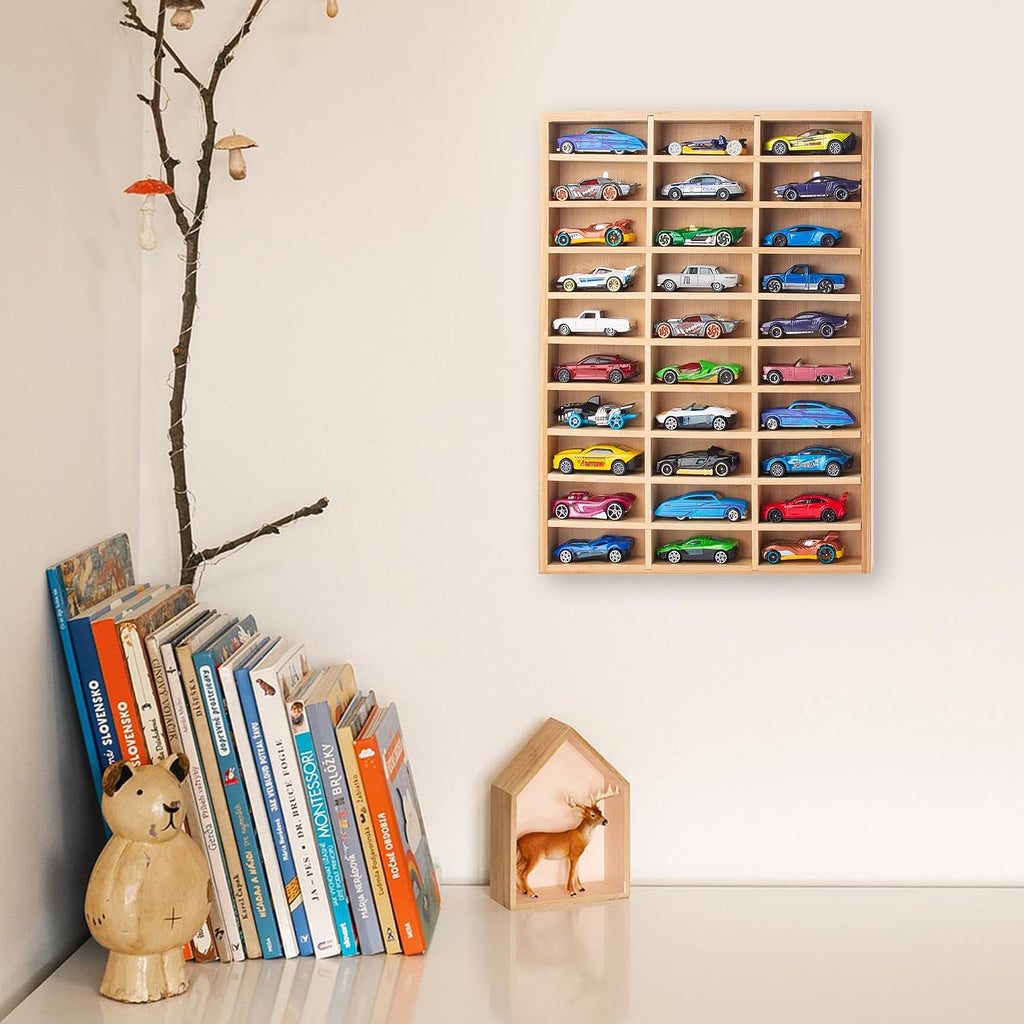 KISLANE Toy Car Display Case, Wall Mount Storage Holds 30 (Wood)