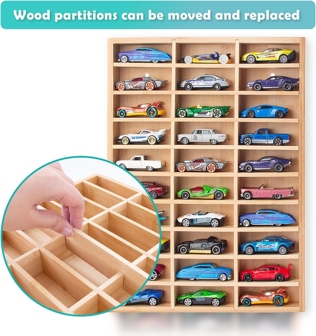 KISLANE Toy Car Display Case, Wall Mount Storage Holds 30 (Wood)