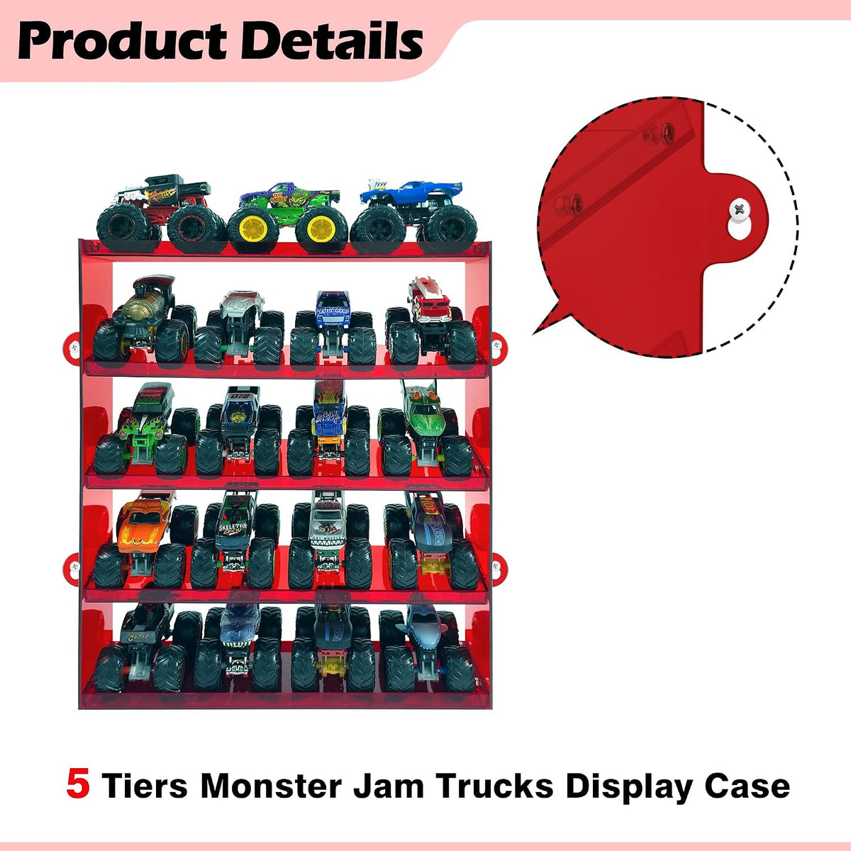 KISLANE 5-Tier Toy Car Display Case, Wall Mount Storage Holds 20 (Red)