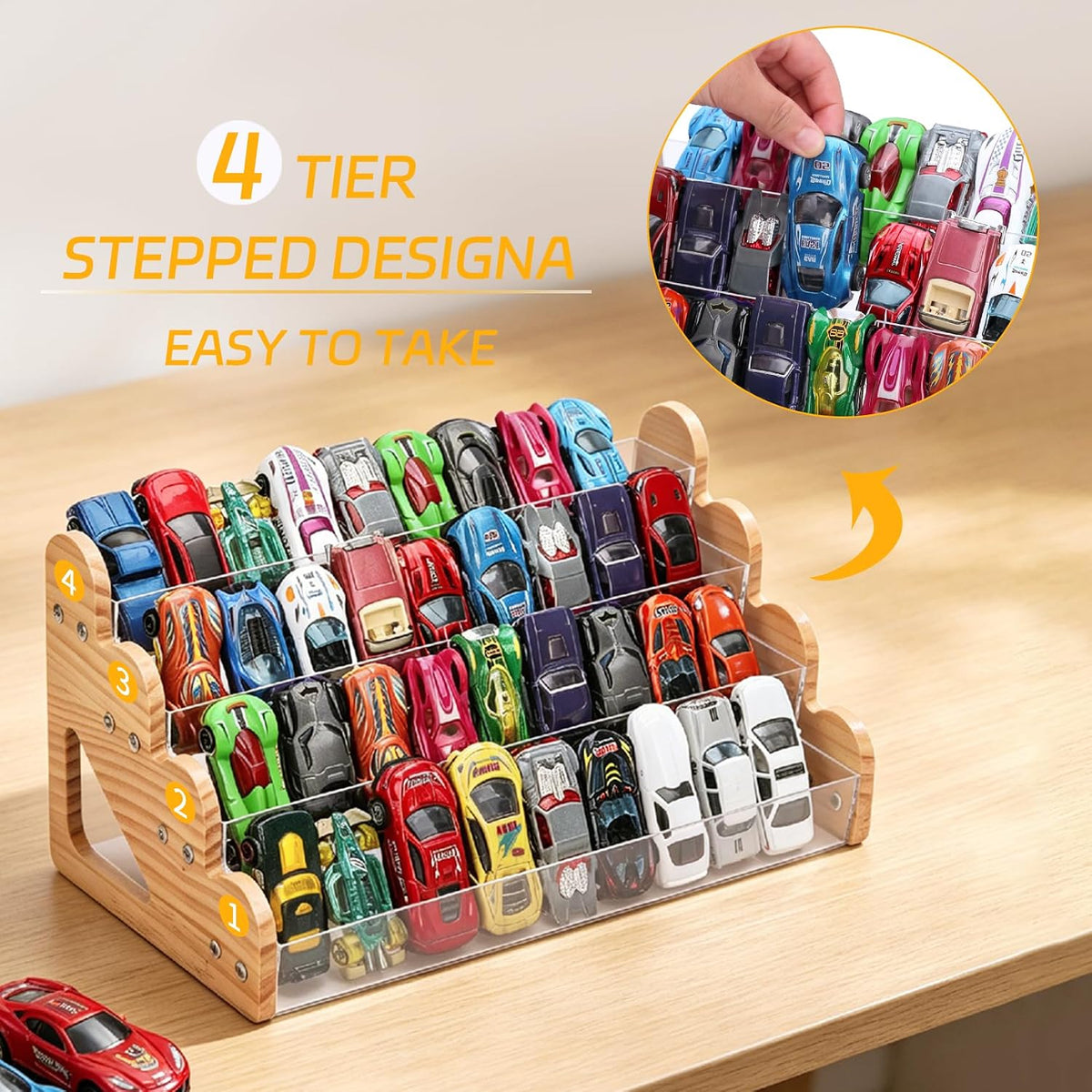 KISLANE Toy Car Display Stand, 4 Tier Clear Diecast Car Display Rack