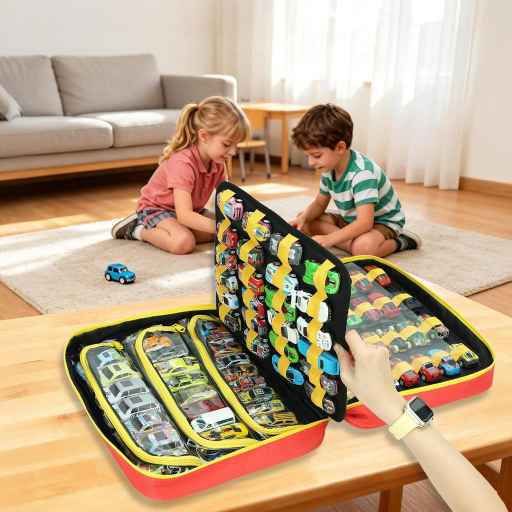 Toy Car Storage Case, 96-Slot Diecast Organizer with PVC Pockets & Handle.