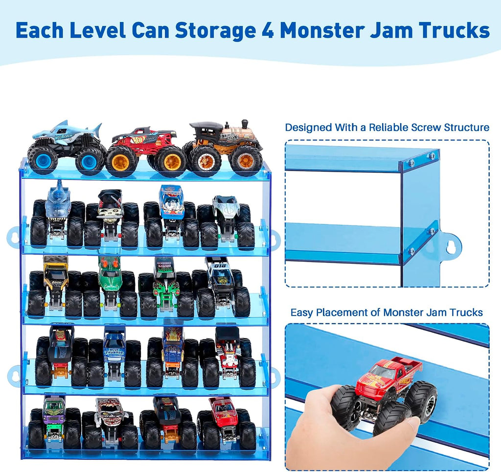 KISLANE 5-Tier Monster Trucks Display Case, Wall Mount Storage Holds 20