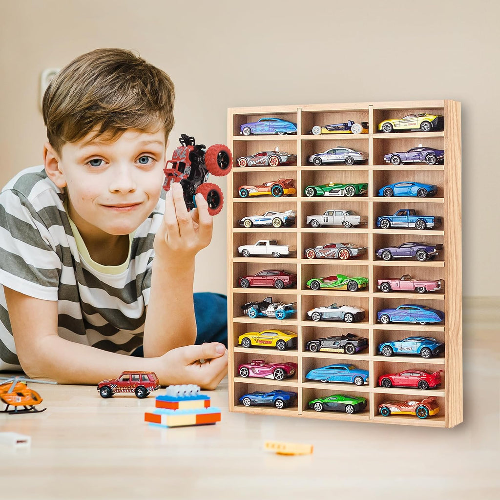 KISLANE Toy Car Display Case, Wall Mount Storage Holds 30 (Wood)