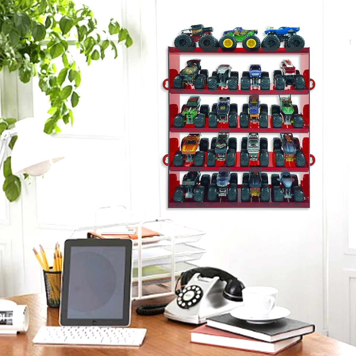 KISLANE 5-Tier Toy Car Display Case, Wall Mount Storage Holds 20 (Red)