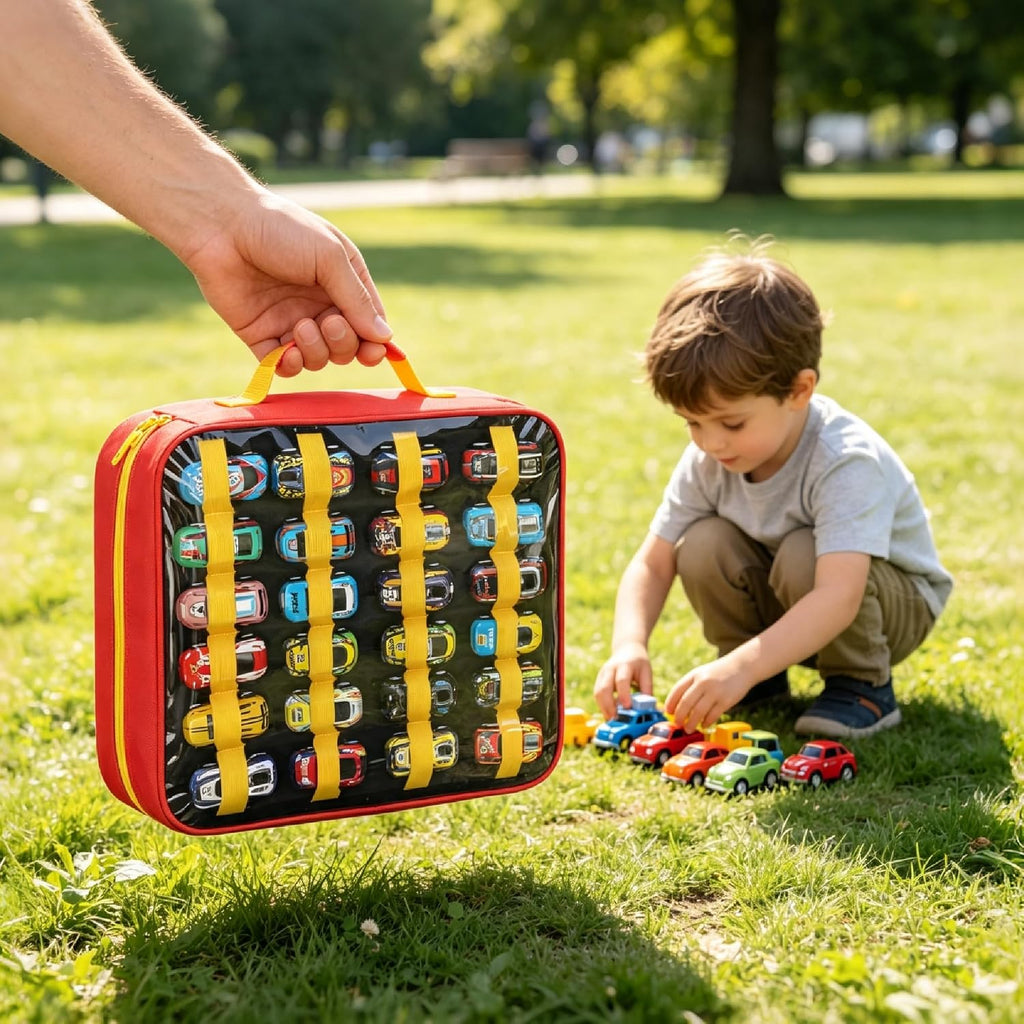 Toy Car Storage Case, 96-Slot Diecast Organizer with PVC Pockets & Handle.