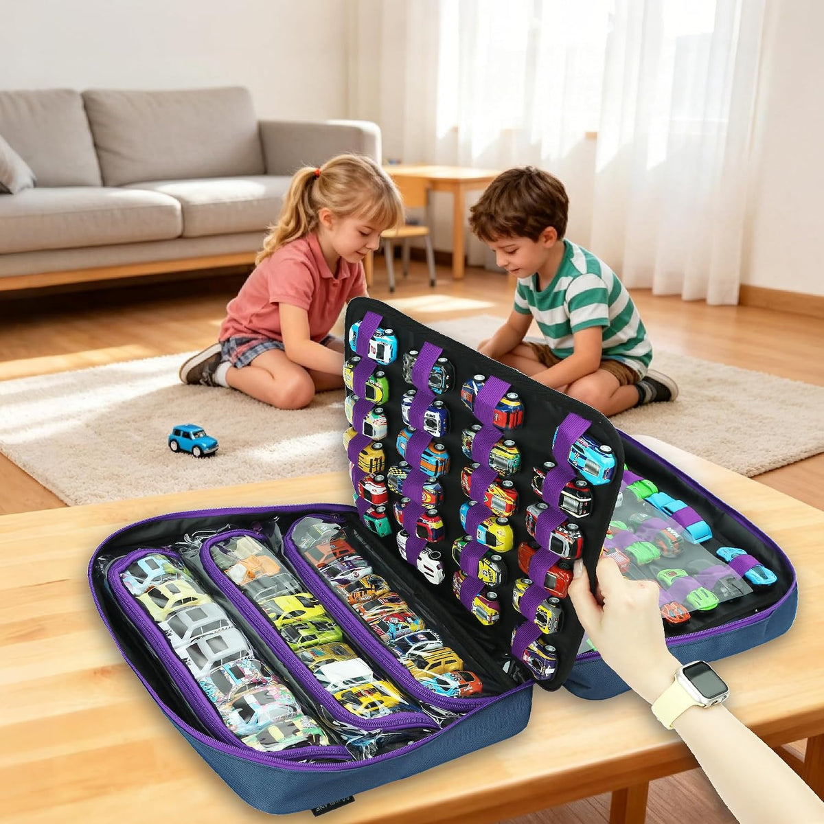 Toy Car Storage Case, 96-Slot Diecast Organizer with PVC Pockets & Handle.