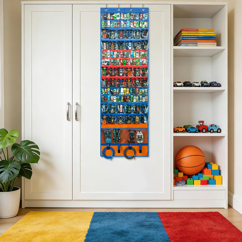 KISLANE Toy Car Storage Organizer, Hanging Wall & Door Organizer with 66 Clear Pockets, Display Holder for 1:64 Toy Cars