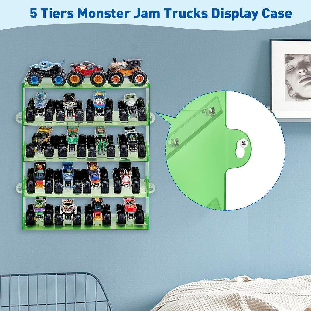 KISLANE 5-Tier Monster Trucks Display Case, Wall Mount Storage Holds 20