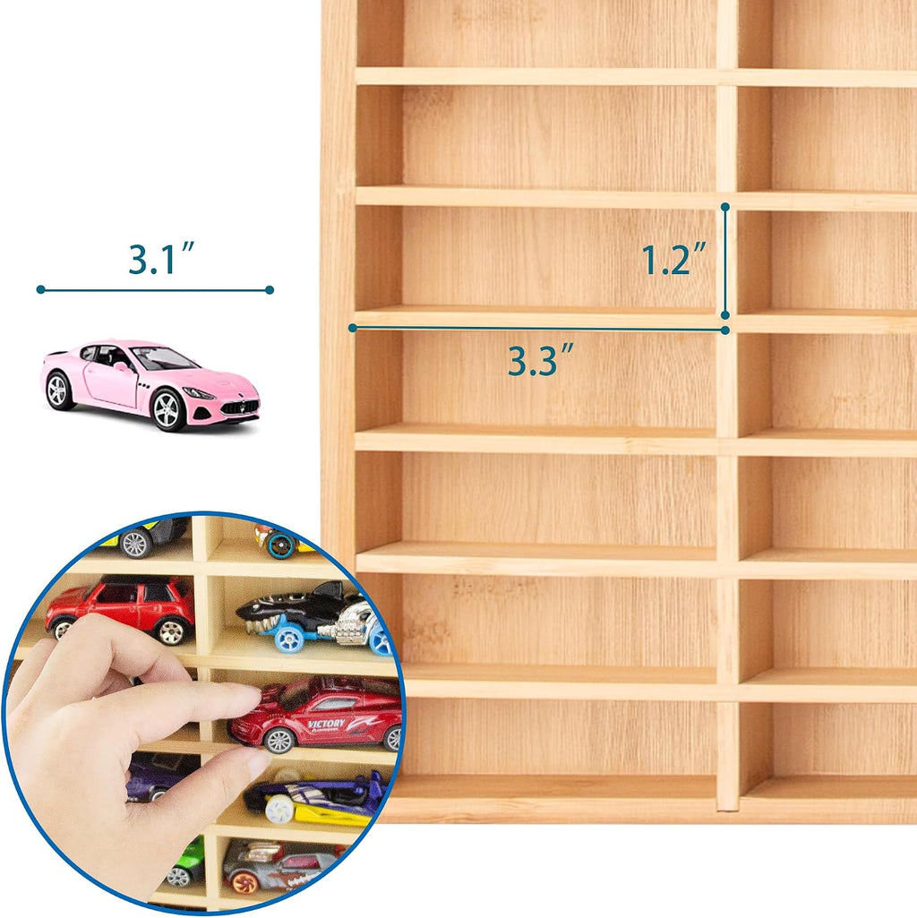 KISLANE Toy Car Display Case, Wall Mount Storage Holds 30 (Wood)