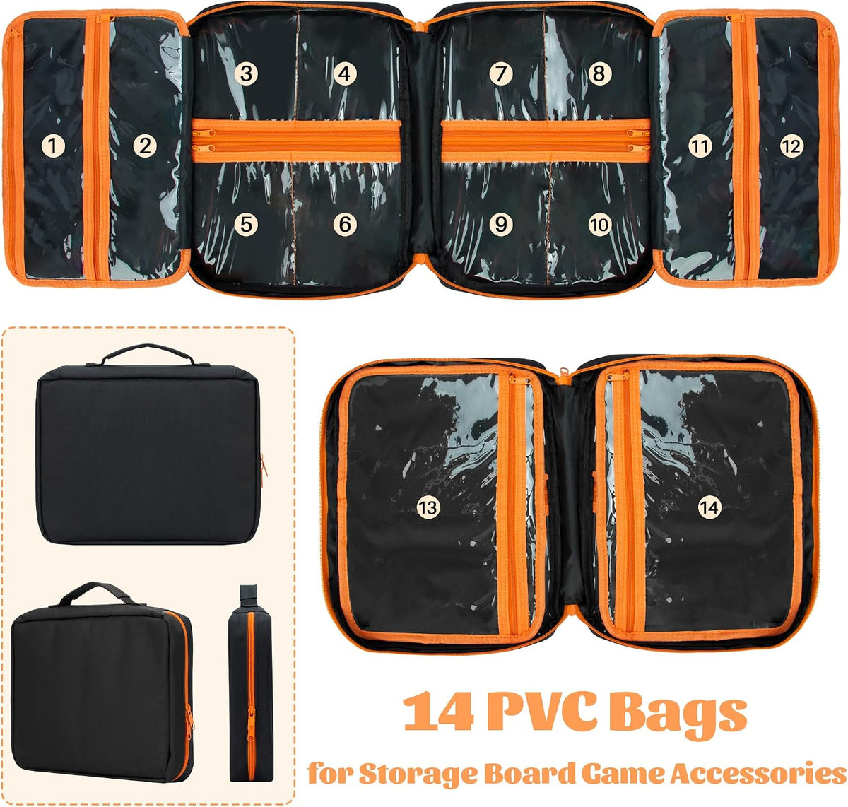 Premium Board Game Storage Organizer Case (14 PVC Pouches) - Portable Travel Game Storage Case | Ultimate Dice and Token