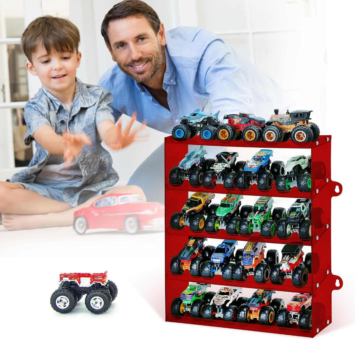 KISLANE 5-Tier Toy Car Display Case, Wall Mount Storage Holds 20 (Red)