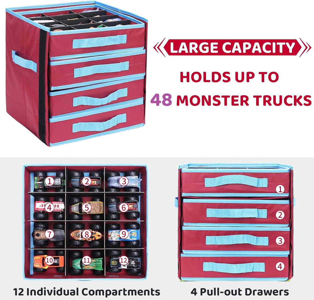 KISLANE Monster Truck Storage Organizer, 4-Layer Trucks Storage Box with 48 Compartments,Fits 1:64 Monster Trucks, Toy T