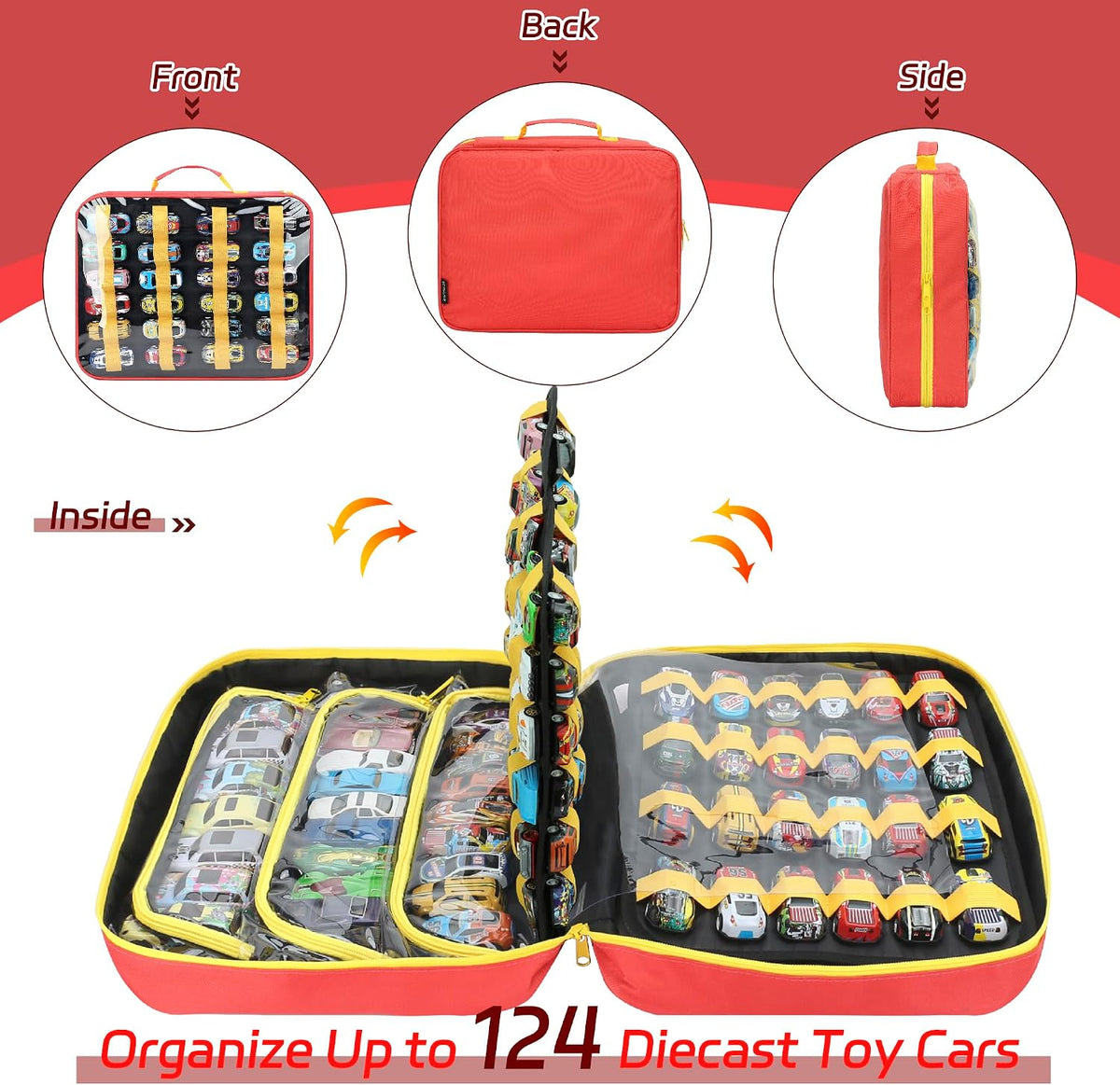 Toy Car Storage Case, 96-Slot Diecast Organizer with PVC Pockets & Handle.