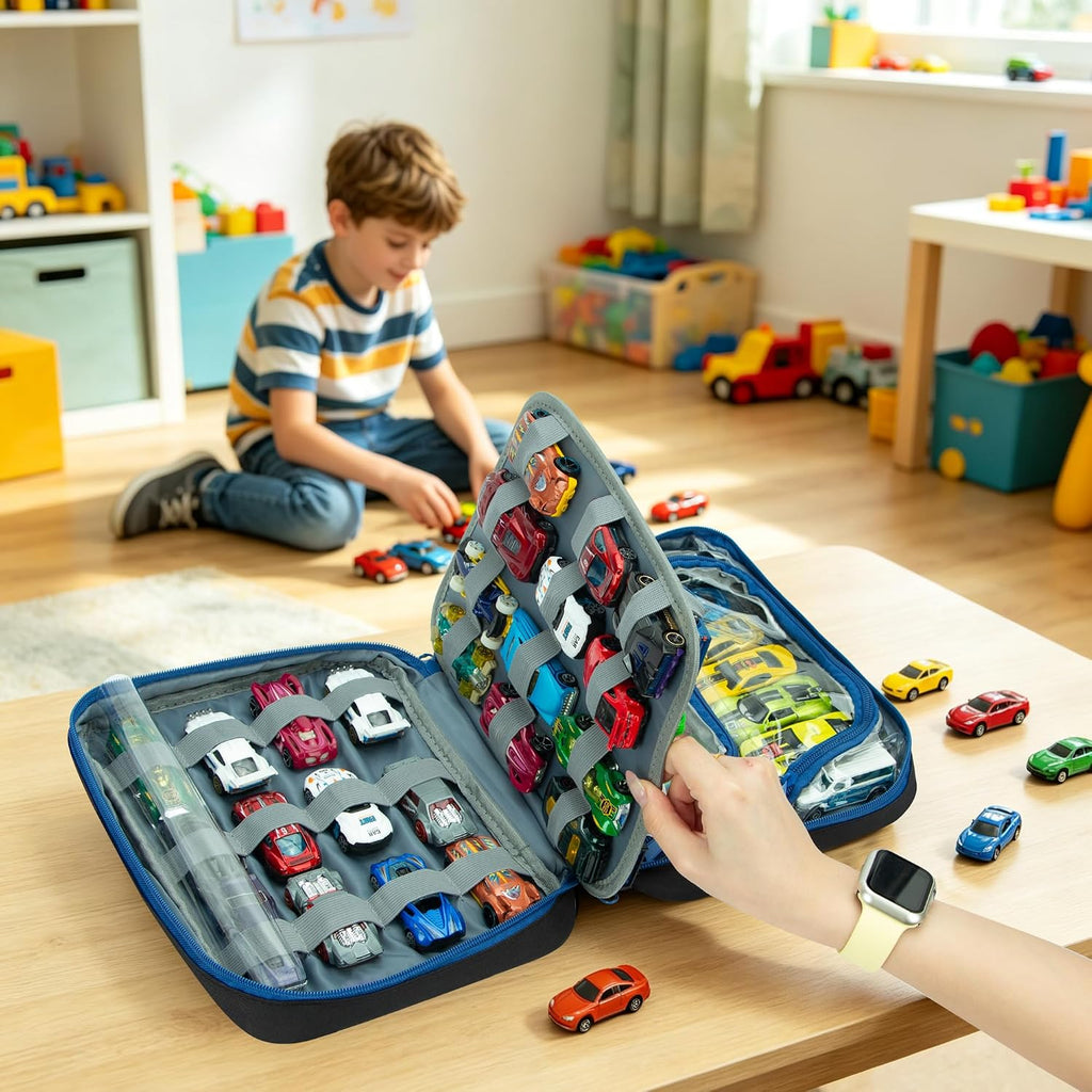 KISLANE Toy Car Storage Case, 50 Car Organizer with 36 Slots & PVC Pockets