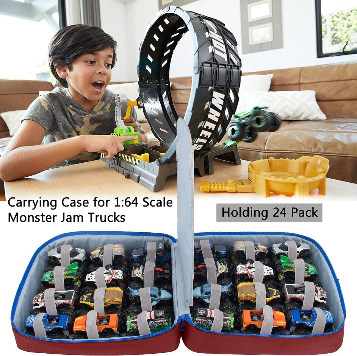 KISLANE Monster Truck Storage Case, Toy Car Display Case 24 Slots (Red)